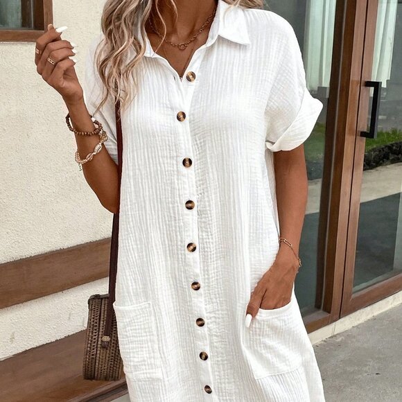 . Dresses & Skirts - White Casual Women's Summer Solid Color Bat Wing Sleeve Pantshirt Dress